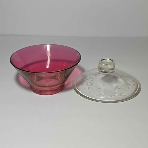 Cranberry Glass Candy Dish Etched Vintage - Picture 7 of 7